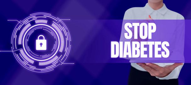 Text zeigt Inspiration Stop Diabetes, Business-Ansatz Blutzuckerspiegel ist höher als normale Injektion Insulin - Foto, Bild