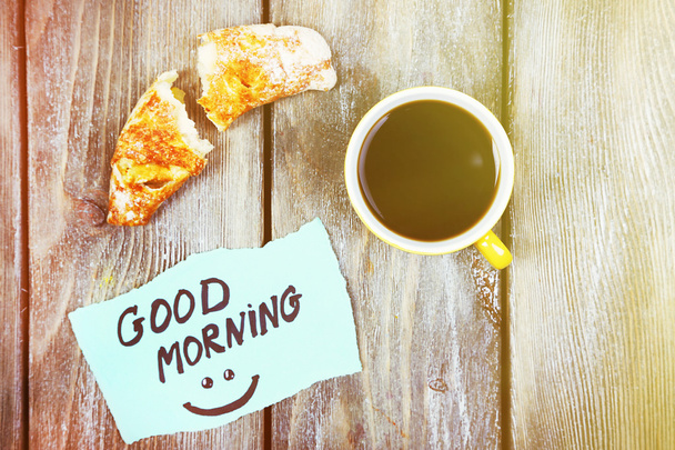 Coffee, fresh croissant and paper card - Фото, изображение