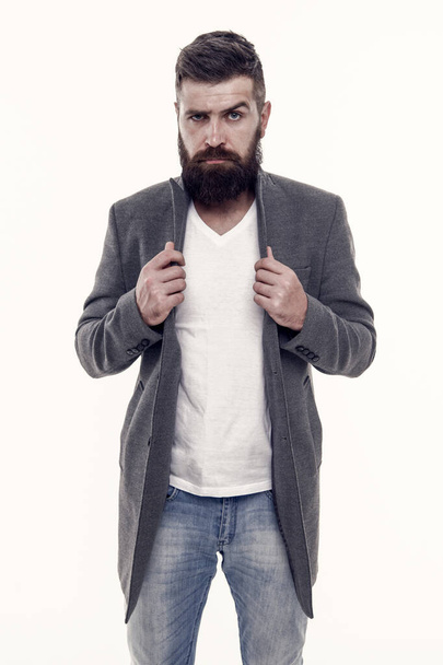 Feeling comfortable in natural fabric clothes. Simple and casual. Casual outfit. Menswear and fashion concept. Man bearded hipster stylish fashionable jacket. Casual jacket perfect for any occasion. - Фото, зображення