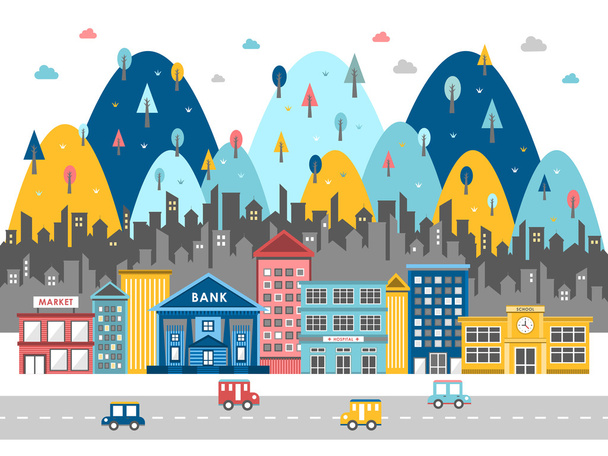 colorful city street scene in flat design - ベクター画像