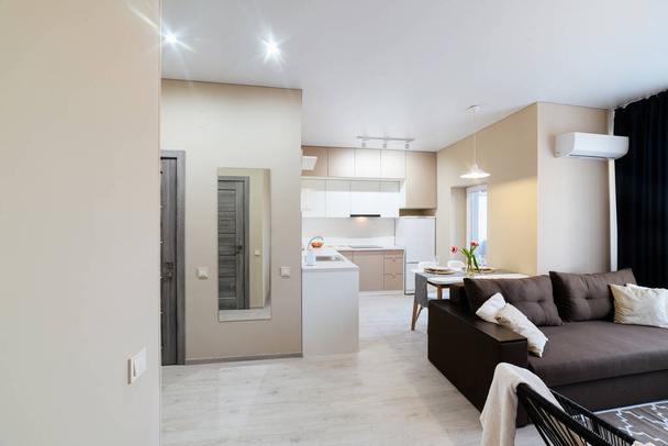 apartamento moderno com mobiliário, sofá e estúdio de cozinha para a família - Foto, Imagem