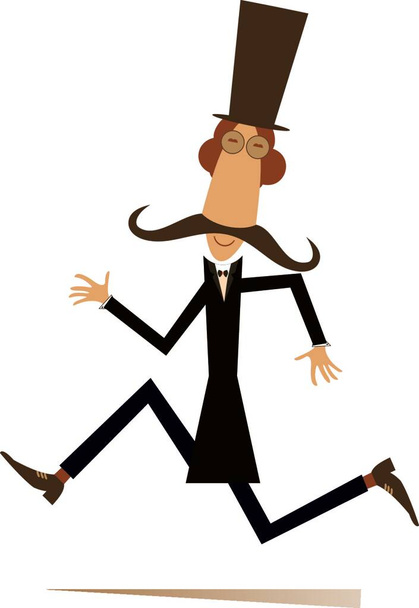 Comic runner mustache man in the top hat isolated illustration - Vector, Image
