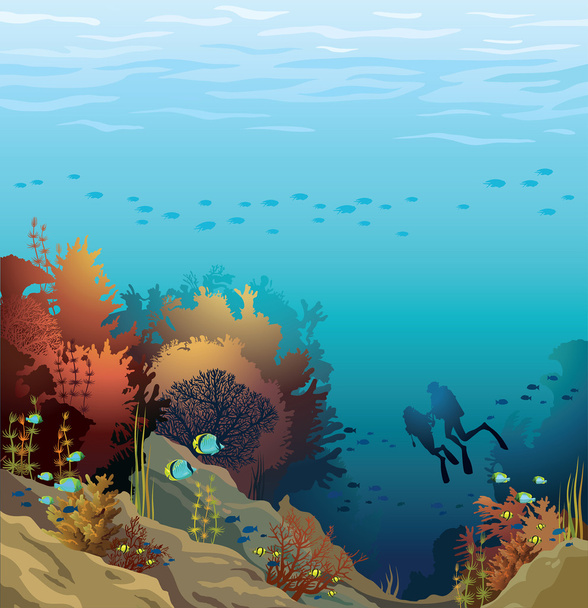 Coral reef and silhouette of divers. - Vector, Imagen