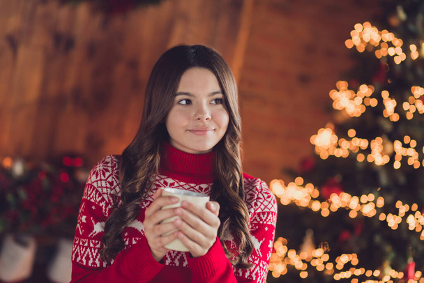 Photo of pretty cute lovely lady enjoy cozy magic time season hot delicious drink look outside snowy weather cozy time room indoors house. - Foto, Imagen