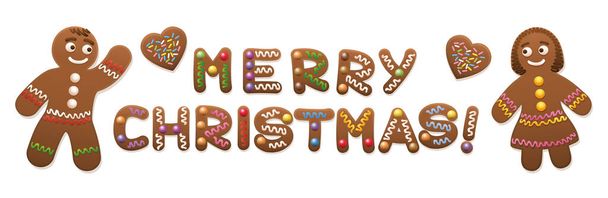 MERRY karácsony írt gyömbéres kenyér betűk - mézeskalács szerelem pár szívvel - aranyos és édes karácsonyi sütik. - Vektor, kép