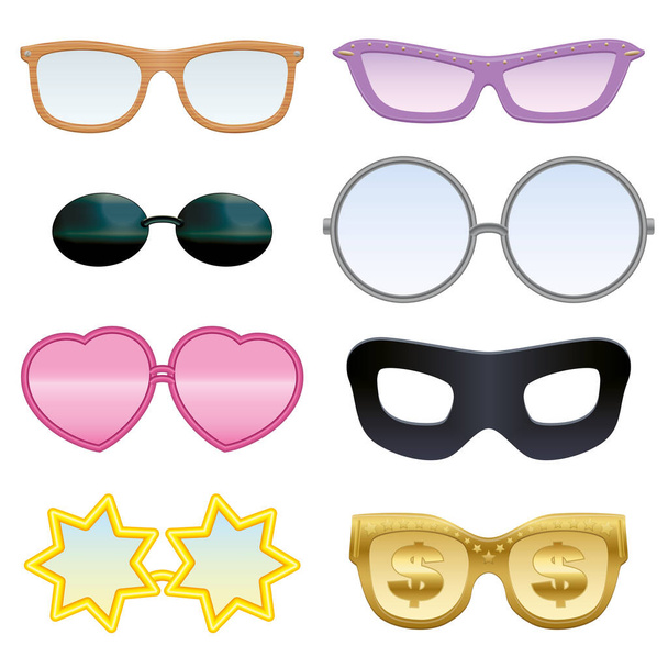 Eyeglasses set - wooden style, hearts, stars, dollar signs, black eye mask, pince-nez, rose-colored etc - funny and crazy, collection with transparent lenses - isolated vector on white background. - Vector, Image