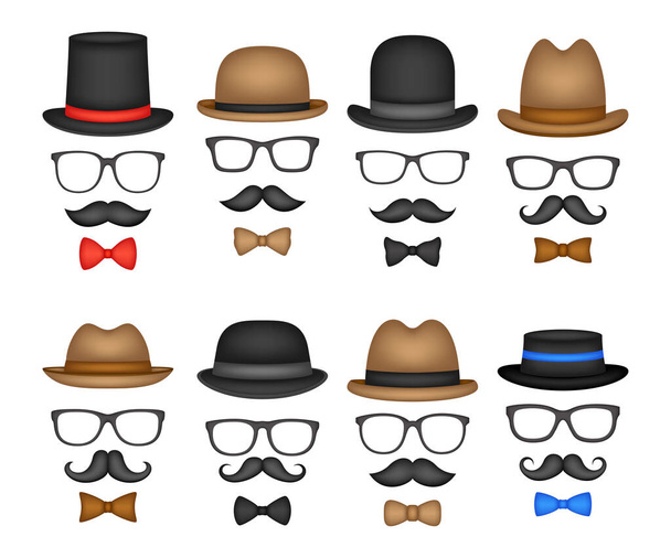 Mustache, Bow Tie, Hat, and Glasses isolated on white background - Vetor, Imagem