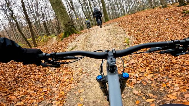 秋の森のトレイルでエンデューロ自転車に乗る - 写真・画像