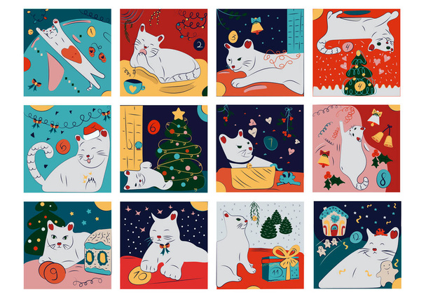 Ručně kreslené vánoční prvky adventní kalendář s kočkou - Fotografie, Obrázek