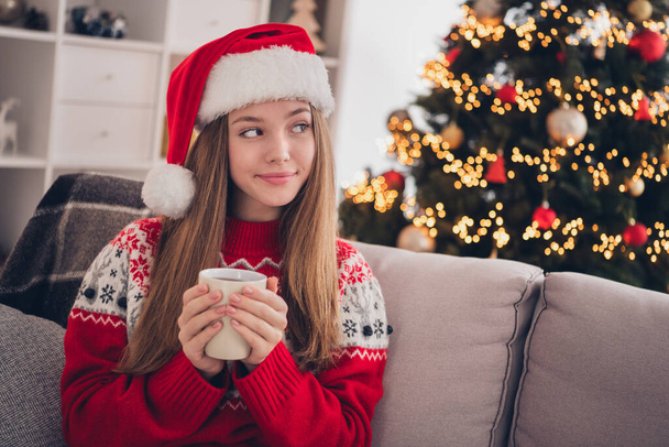 Photo of cute lovely lady enjoy cozy time hot delicious beverage curious look window outside snowy weather relax house room indoors. - Φωτογραφία, εικόνα