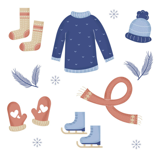 Téli ruhák gyűjteménye. Kalap, pulcsi, sál, korcsolya, kesztyű. Vektor - Vektor, kép