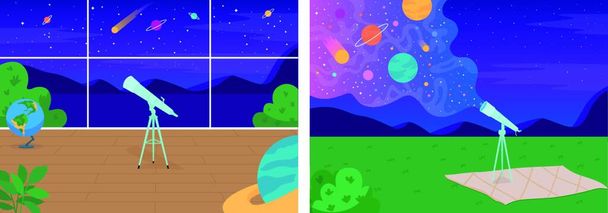 Space exploration with telescope flat color vector illustration set - Vettoriali, immagini