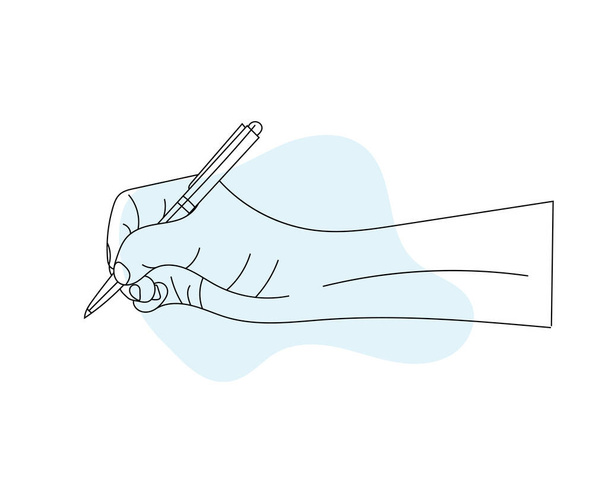 Emberi kéz tartó toll és írás, gesztus pozíció vázlat vonal rajz, minimális vonal művészet illusztrációk - Vektor, kép