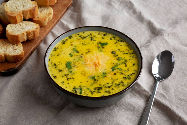 Sopa casera de brócoli y queso cheddar en un tazón, vista lateral.  - Foto, imagen