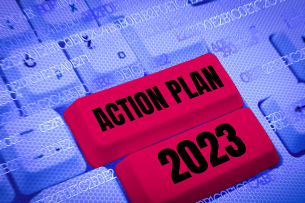 Tekst pisma ręcznego Plan działania 2023, Słowo do zrobienia lista zawiera wiele rzeczy do zrobienia w przyszłym roku - Zdjęcie, obraz