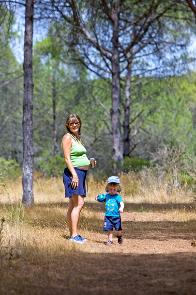 Young mother and son walking through woods - Φωτογραφία, εικόνα