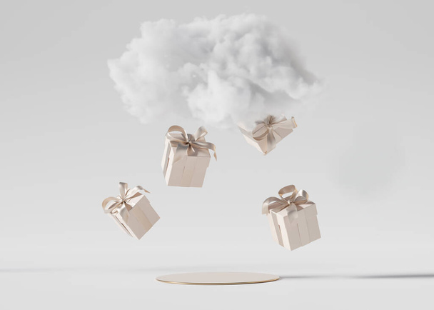 3D podium display, background for product presentation. Beige Gift box falling from the cloud . Present  levitating on white backdrop.Gold pedestal showcase. Birthday or Christmas 3D render mockup.  - Photo, Image