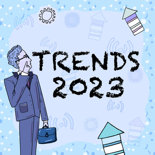 Segno di testo che mostra le tendenze 2023, Business idea Prossimo anno tendenza prevalente ampiamente discusso online - Foto, immagini