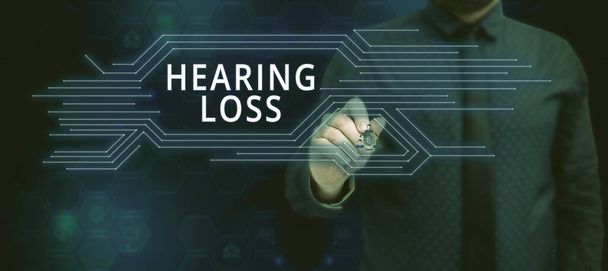 Текст, показывающий вдохновение Потеря слуха, бизнес-витрина является частичной или полной неспособности слушать звуки нормально - Фото, изображение