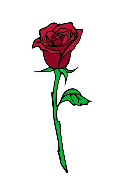 rose branch drawing with red flower and leaves, isolated element, design - Vector, Image