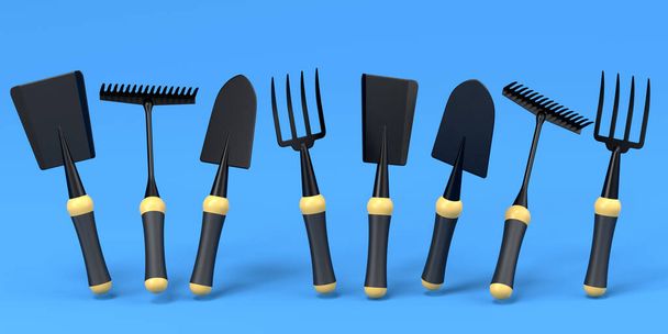 Garden shovel, pitchfork and rake on blue background. 3d render of garden tool and equipment for farm, summer camping - Fotografie, Obrázek