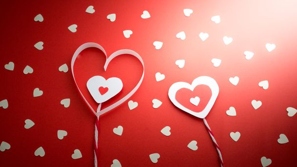 white hearts on red background - Photo, Image