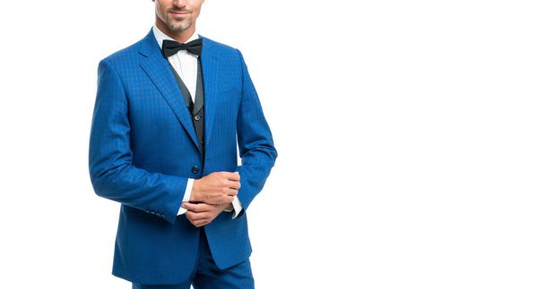 cropped man in blue suit and bow tie. businessman isolated on white. boss in formal wear. - Photo, Image