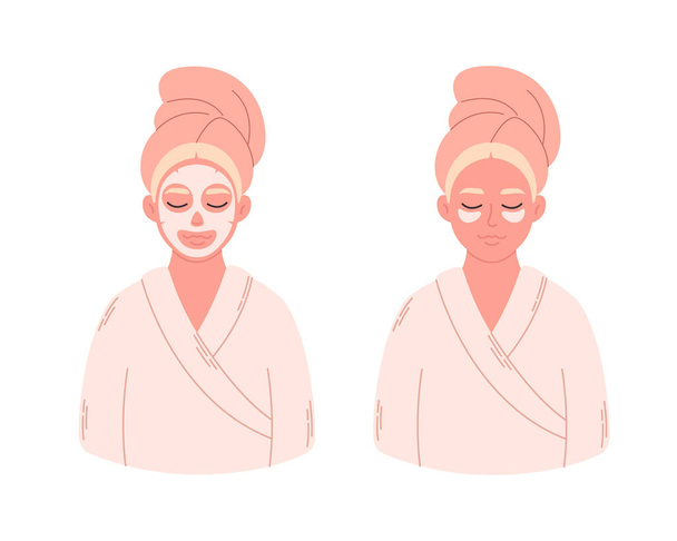 Kobieta nakłada plaster kolagenowy na skórę pod okiem i organiczną maskę na twarz. Pielęgnacja skóry, leczenie zmarszczek, woreczki na oczy. Ilustracja wektora - Wektor, obraz