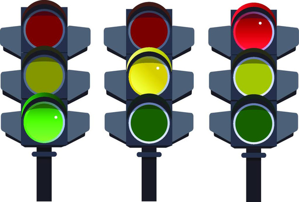 "Trafik lambası, trafik ışığı sıra. Kırmızı, sarı, yeşil ışık git, dur, bekle. Beyaz arka plan vektör çizim üzerinde" - Vektör, Görsel