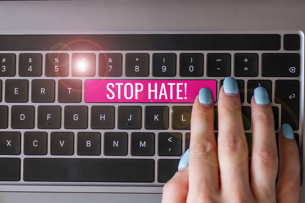 Bildunterschrift: Stop Hate, Business showcase Verhindert den aggressiven Druck oder die Einschüchterung anderer - Foto, Bild