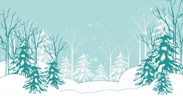 Рождественская открытка с анимированным фоном природы. Снегопад в мультяшном векторном сосновом лесу. Элегантный анимационный праздничный сезон социальный пост цифровая карта 5k + видео - Кадры, видео