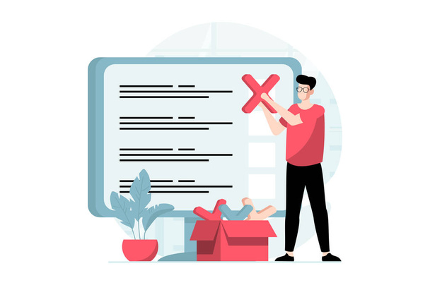 Online survey concept with people scene in flat design. Man marks correct answers to questions in questionnaire or fills test form using computer. Illustration with character situation for web - Photo, Image
