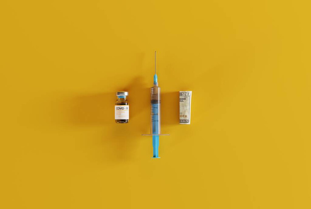 Eine Spritze, ein COVID-Impfstoff und eine zusammengerollte Banknote. Gesundheits- und medizinisches Versorgungskonzept, Covid-Impfung, Geld verdienen mit Coronavirus. 3D-Renderer; 3D-Illustration. - Foto, Bild