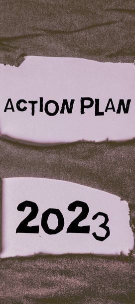 Signo de texto que muestra el Plan de Acción 2023, Concepto que significa hacer una lista que contiene el número de cosas que se harán el próximo año - Foto, imagen