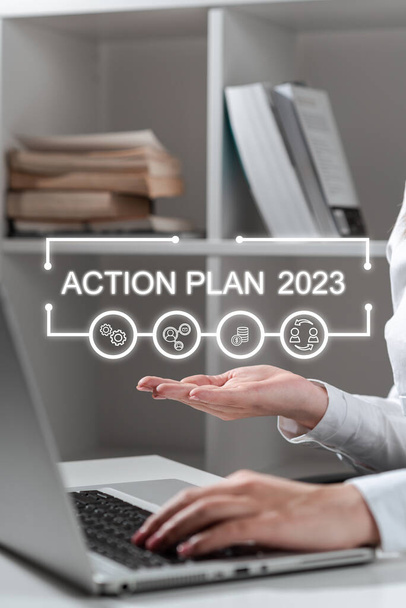 Έμπνευση δείχνει σημάδι Σχέδιο Δράσης 2023, Επιχειρηματική βιτρίνα για να κάνουμε λίστα περιέχουν πολλά πράγματα που πρέπει να γίνει το επόμενο έτος - Φωτογραφία, εικόνα