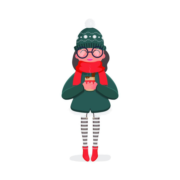 "Dziewczyna w czapce z dzianiny zimowej i czerwonym szaliku trzyma w rękach gorący napój. Dziewczyna w czerwonych butach i rajstopach w paski. Zima, Boże Narodzenie i koncepcja nowego roku. Wektor." - Wektor, obraz