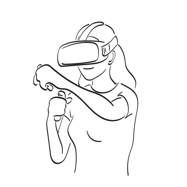 ligne art femme jouer à des jeux avec vr lunettes et joysticks illustration vecteur main dessiné isolé sur fond blanc - Vecteur, image