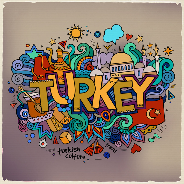Turquie lettrage à la main et éléments gribouillis fond. Vecteur il
 - Vecteur, image