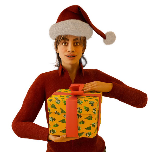 メリークリスマスギフト女性保持ボックス身に着けている赤サンタクラスの帽子驚きの表現上の白の背景3Dイラスト - 写真・画像