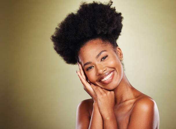 Beauty skincare and smile with portrait of black woman with mockup in studio for cosmetics, makeup and spa. Wellness, luxury and product with face of girl model for self care, dermatology and health. - Zdjęcie, obraz