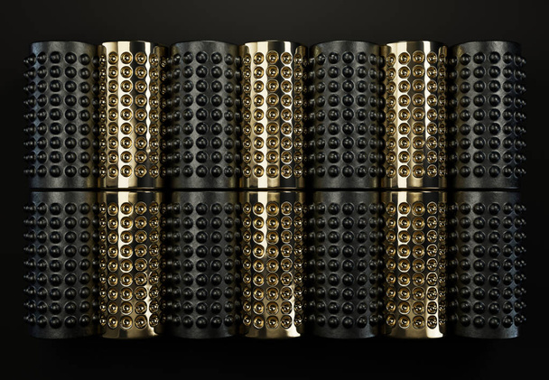 Série abstrata conceitual de tubos ilustrados 3D coloridos em ferro e ouro com covinhas positivas e negativas em linha sobre um fundo escuro. - Foto, Imagem