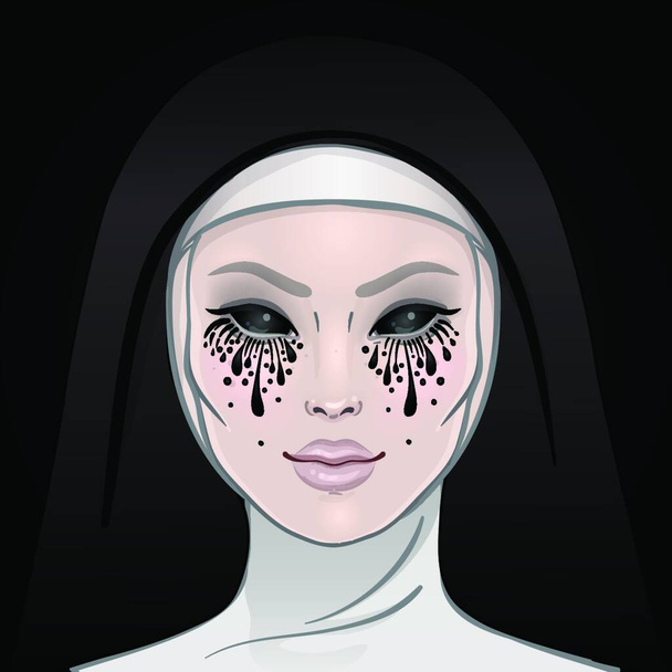 空の不気味な目をしたカトリックの修道女。ハロウィンのキャラクターコンセプト。神秘的な美しい少女ゴシック邪悪な魔女。神秘主義、宗教、精神主義、オカルト。独立したカラーベクトル図 - ベクター画像