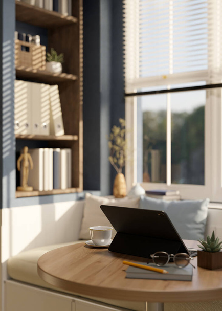 Otthoni munkahely, hordozható tabletta, írószer, poharak és kávéscsésze az asztalon homályos kényelmes ablak pad a háttérben. 3D render, 3D illusztráció - Fotó, kép