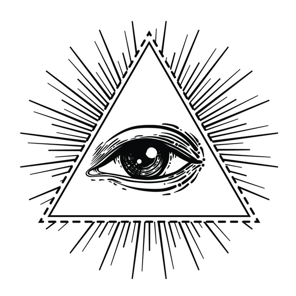 Μαύρη λάμψη τατουάζ. Μάτι της Πρόνοιας. Μασονικό σύμβολο. Όλοι βλέπουν το μάτι μέσα σε τρίγωνο πυραμίδα. Νέα Παγκόσμια Τάξη. Ιερή γεωμετρία, θρησκεία. Απομονωμένη διανυσματική απεικόνιση - Διάνυσμα, εικόνα