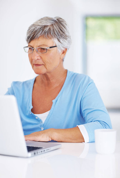 Mature woman using laptop at home. Confident mature woman using laptop at home - Φωτογραφία, εικόνα