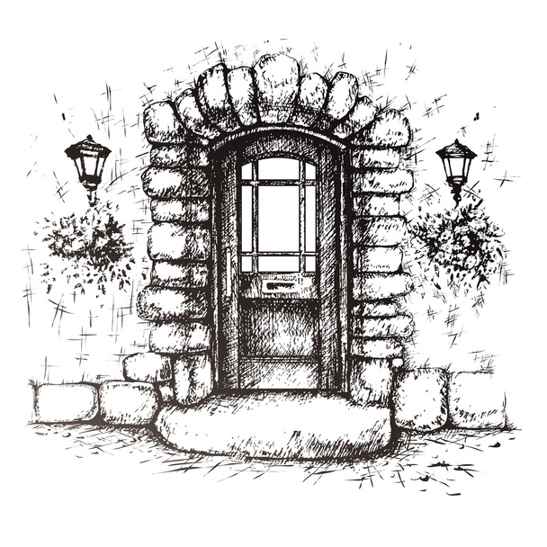 Desenho à mão livre da porta da frente velha
 - Vetor, Imagem