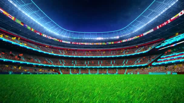 Flying On Grass In Stadium Night es un metraje en movimiento para las Copas Mundiales de la FIFA y cinemático en el fútbol. También buen fondo para escena y títulos, logotipos.  - Metraje, vídeo