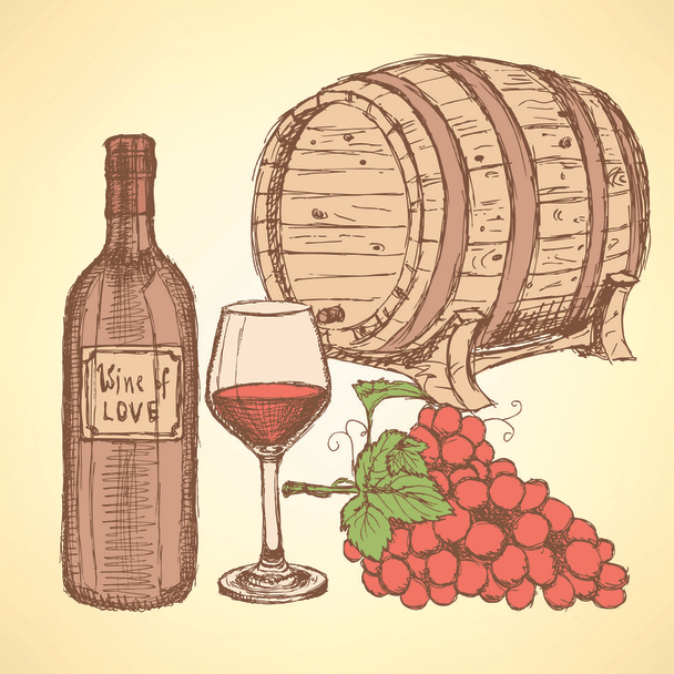Sketch wine barrel in vintage style - Vector, Image