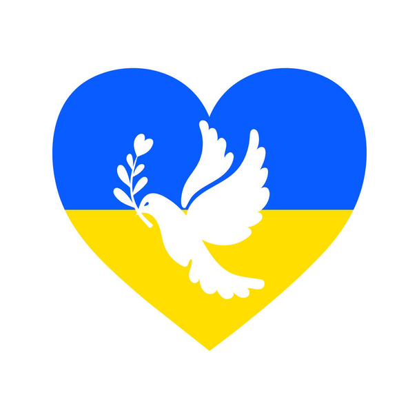 Herzform in der ukrainischen Flagge blau-gelb mit weißer Taube darauf, Friedenstaube mit Olivenzweig. Symbol für den russisch-ukrainischen Militärkonflikt. Stoppt den Krieg, betet für die Ukraine. Unterstützung der Ukraine. - Foto, Bild