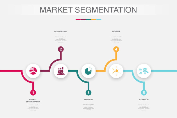 segmentace trhu, demografie, segment, výhody, chování ikony Infographic design template. Tvůrčí koncept s 5 kroky - Vektor, obrázek